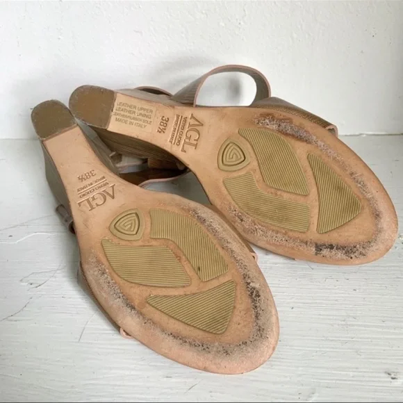 Agl Nude Patent Leather Lizard Embossed Ankle Wrap Wedge Sandal 38 1/2 - Picture 8 of 12